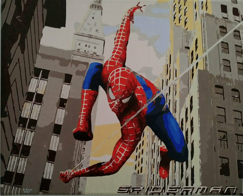 Spiderman - Leinwand auf Keilrahmen 40×50 cm. Acryl. Augen und Seil wurden mit Glitterfarbe versehen (leider auf dem Photo nicht zu erkennen). Für meinen Enkel Marcel 2021 gemalt.
